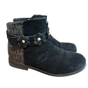 Michael Kors Girls Little Kid LOGO Floral Strap Booties Shoes Black Faux Suede 1